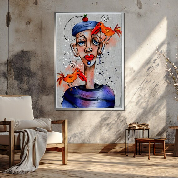 Whimsical Surreal Portrait With Orange Birds and Cherry Canvas Art