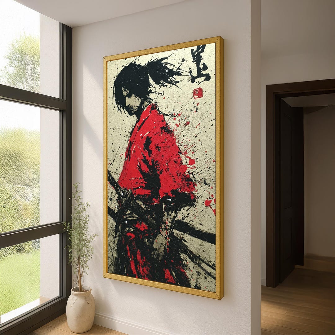 Samurai Wall Art Japanese Ink Painting Print - Abstract Warrior Canvas ...