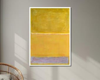 May include: Abstract painting with three horizontal bands of color. The top band is a bright yellow, the middle band is a lighter yellow, and the bottom band is a pale purple.