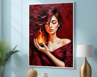 Lienzo de Mujer Mística con Llamas - Retrato Ardiente - Impresión de Arte Fantástico Rojo - Decoración de Pared con Elemento Fuego Femenino - Arte de Luz de Loto