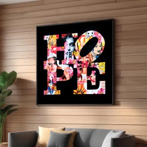 HOPE Collage Pop Art Canvas - Vibrant Flower-Pop Culture Collage with Bright Colors - Modern Art - Cartoon Characters and Floral Elements