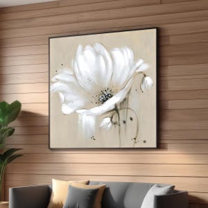 Elegante witte bloemen canvasafdruk - minimalistische beige en witte bloemenkunst - modern neutraal muurdecor - grote abstracte botanische druk