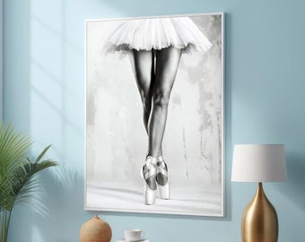 May include: Black and white photo of a ballerina wearing a white tutu and pointe shoes. The ballerina is standing on her toes with her legs crossed. The background is a light gray with a textured look.