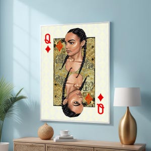ダイヤの女王のトランプアート - ゴールドのディテールが施されたモダンな肖像画 - 現代的でポップアートなインテリアに最適な豪華で大胆なキャンバス