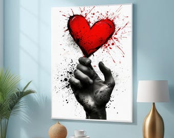 Heart in Hand Canvas Print – Red Ink Splash Pop Art - Emotional Street Art Style Wall Decor - Symbolic Love Artwork for Modern Interiors