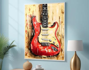 Red Electric Guitar Art - Rock and Roll Music Painting - Guitar Lover's Wall Art - Music Room Decor - Electric Guitar Wall Print