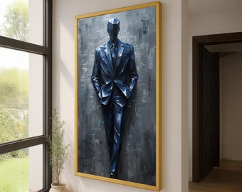 Abstrakter Mann im Blauen Anzug Kunst - Moderne maskuline Wandkunst - Gesichtslose Geometrische Figur Leinwand - Stilvolle Wanddeko - Abstrakte Figur Mann Kunst