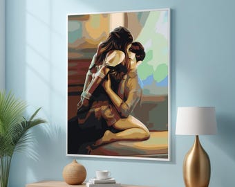 May include: A painting of a couple embracing. The woman is wearing a white top and the man is wearing a brown shirt. The painting is set against a colorful background.