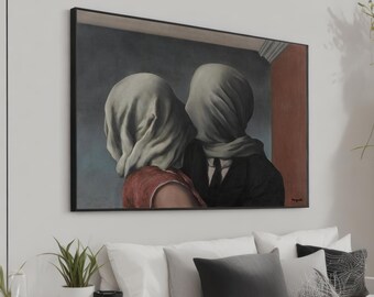 Surreal Lovers Canvas Art Print – Mysterious Embrace with Faces Obscured by Cloth – Dreamlike Wall Art for Modern & Surrealist Home Decor