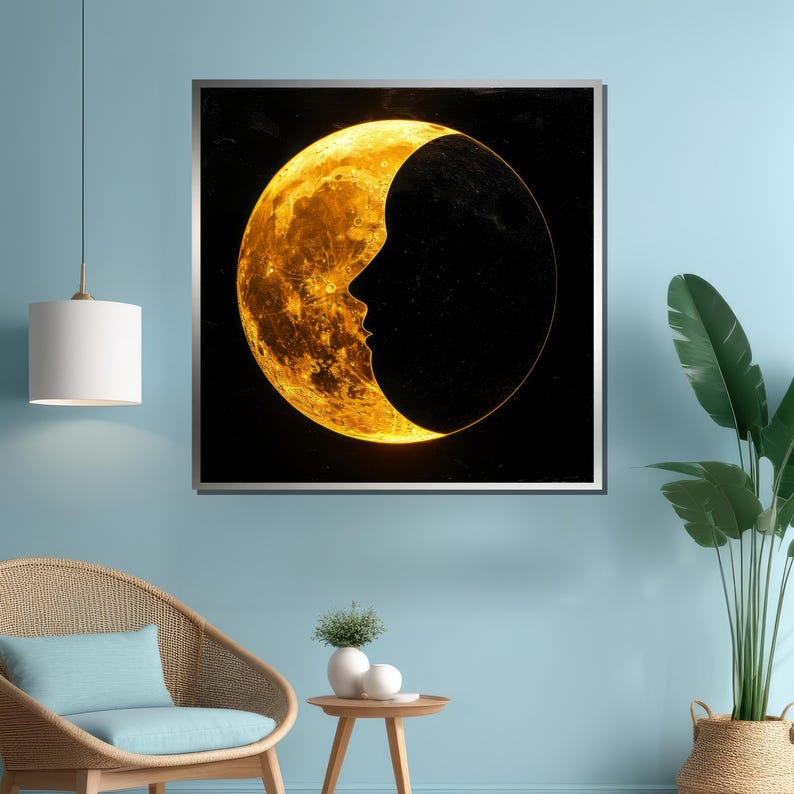 May include: A crescent moon with a golden glow and a silhouette of a face in the dark space behind it.