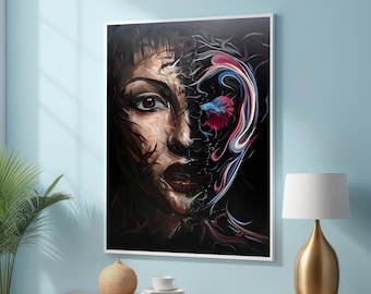 Surreal Woman Portrait with Betta Fish Canvas – Abstract Art - Dark and Vibrant Modern Wall Decor - Colorful Surrealism for Bold Spaces