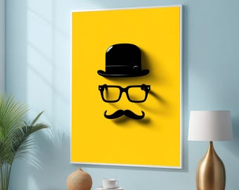 Minimalist Gentleman Wall Art – Pop Art Hat, Glasses and Mustache Print on Yellow Background - Modern Retro Canvas for Office or Barbershop