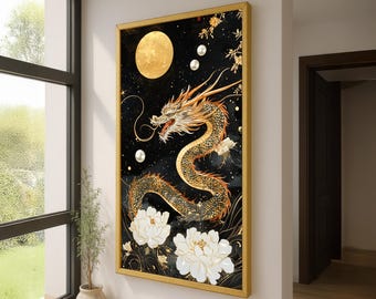 Golden Celestial Dragon Wall Art – Luxury Asian Canvas - Mythical Oriental Art Print - Gold Moon and Peony Floral Decor - Gold Dragon Art