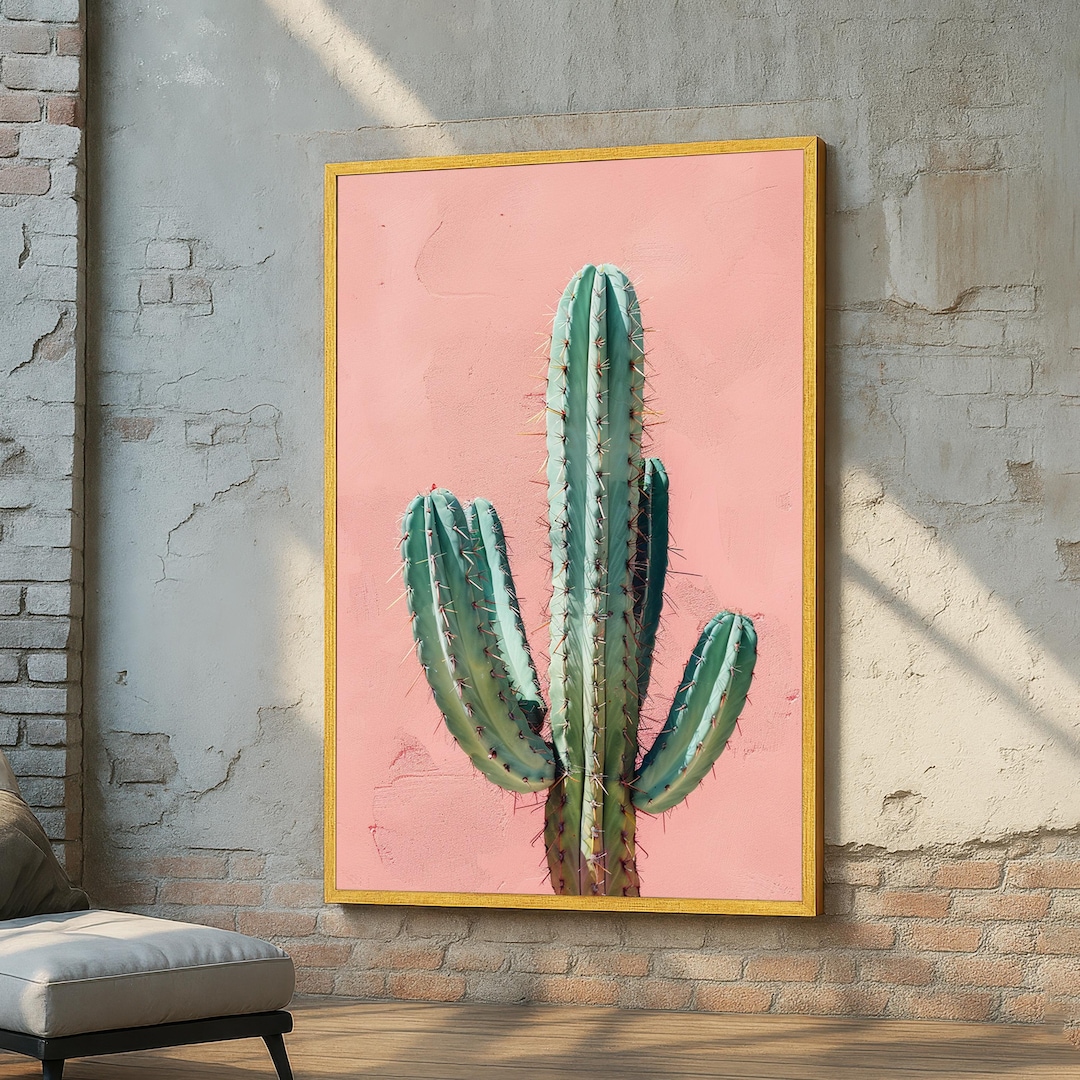 pink-cactus-wall-art-print-minimalist-botanical-canvas-green