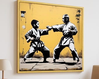 Karate Street Art Canvas – Banksy Style Martial Arts Print – Father and Son Dojo Scene – Bold Yellow Wall Art – Karate Gi Wall Art Decor