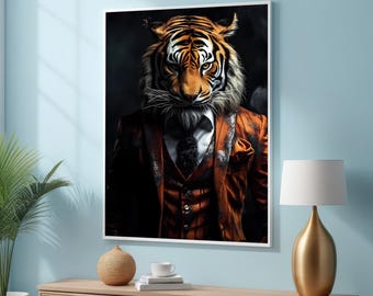 Tiger Canvas Wall Art - Modern Surrealism Animal Print - Powerful and Impressive Illustration Wall Decor - Animal In Suit Art - Bold Print