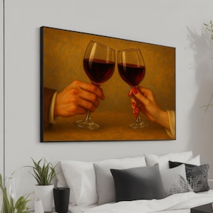 Romantic Wine Toast Canvas Art Print - Couple Clinking Red Wine Glasses Print - Elegant Love Wall Decor for Dining Room or Anniversary Gift