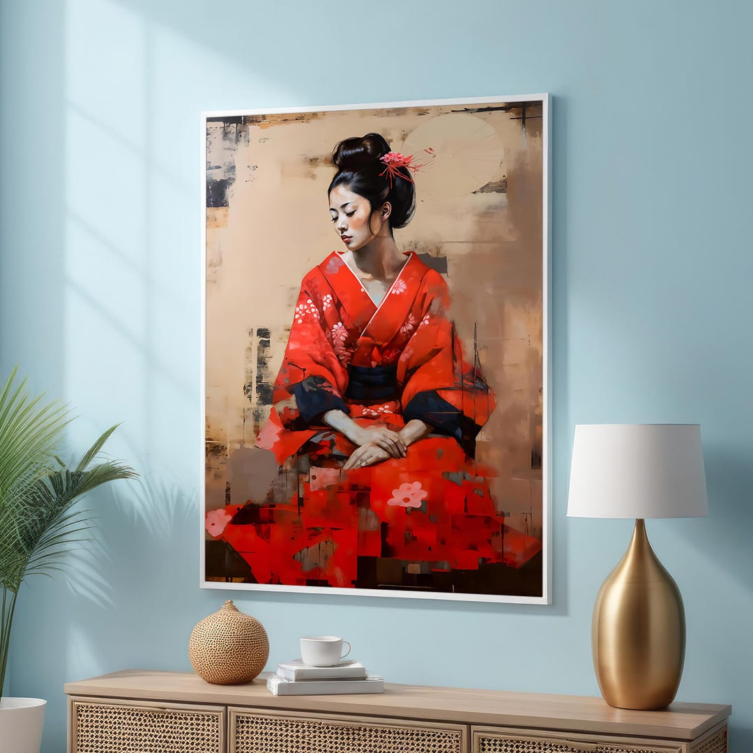 Elegant Geisha in Red Kimono - Traditional Japanese Portrait Art ...