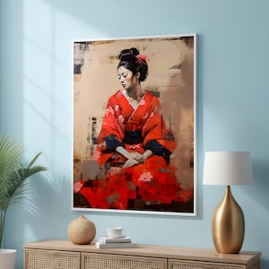 Elegant Geisha in Red Kimono - Traditional Japanese Portrait Art - Floral Kimono Canvas Wall Decor |-Ready to Hang Modern Asian Artwork