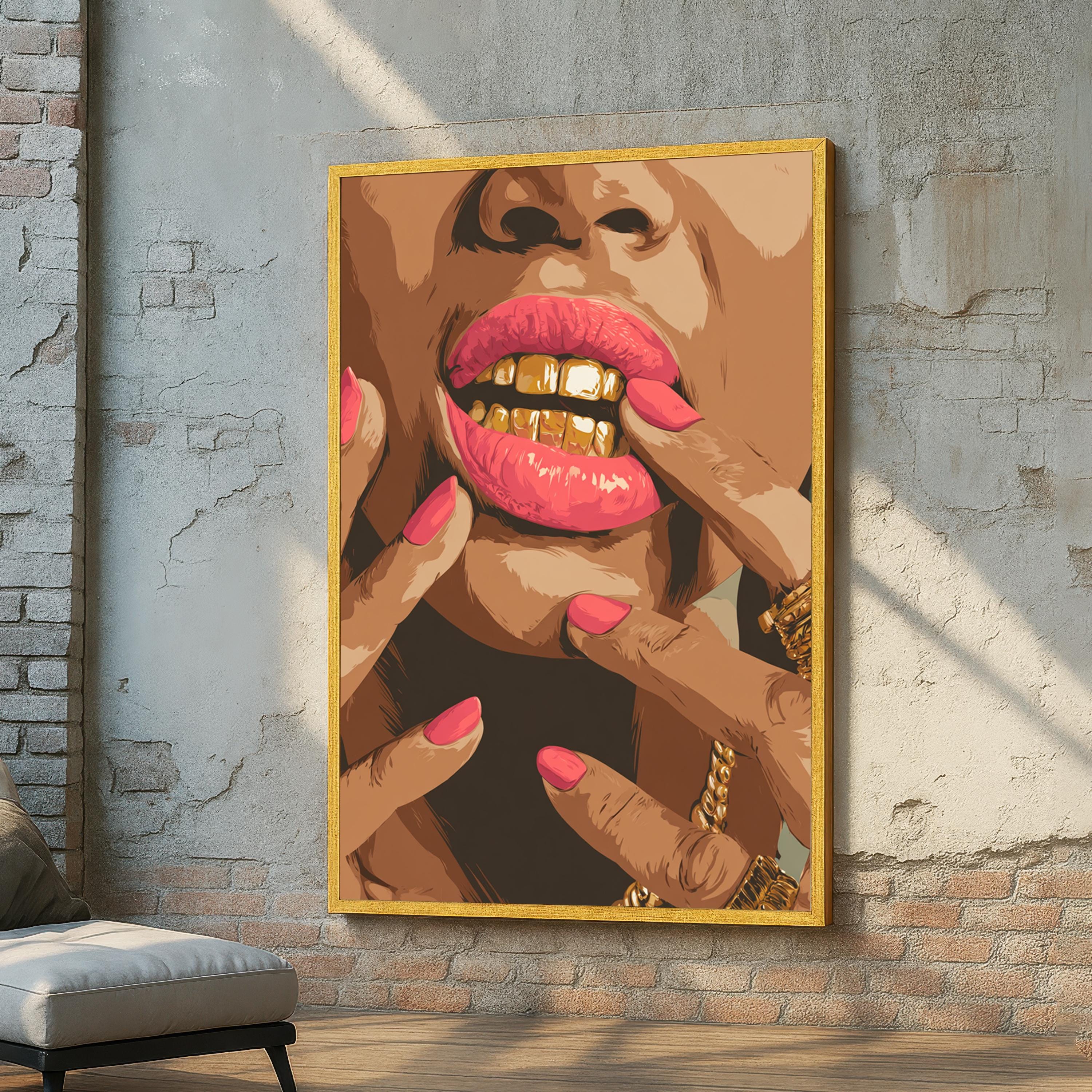Pink Lips Gold Grill Wall Art - Black Woman Glam Canvas Print - Bold ...