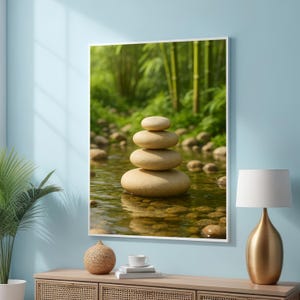 森の小川に浮かぶ禅石のウォールアート – 竹と水が描かれた禅石、スパや瞑想の装飾に最適な穏やかな自然のキャンバス – すぐに掛けられます