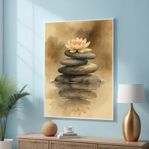 蓮の花と禅の石積みアートプリント - ミニマリストの水彩画ウォールアート - 心安らぐスパ風キャンバス - マインドフルネス瞑想アート