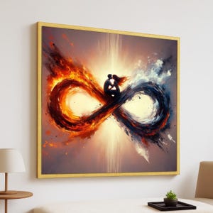 May include: Framed artwork showing an infinity symbol with a couple embracing. The left side is fiery orange and red, the right side is cool blue and white. The background is a soft, warm gradient. The frame is gold.