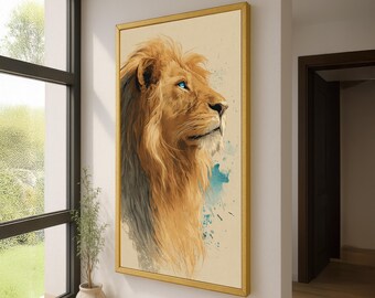 Majestic Lion Canvas Wall Art – Golden Mane Animal Portrait with Blue Eye - Modern Abstract Wildlife Art for Bold Home Decor - Powerful Lion