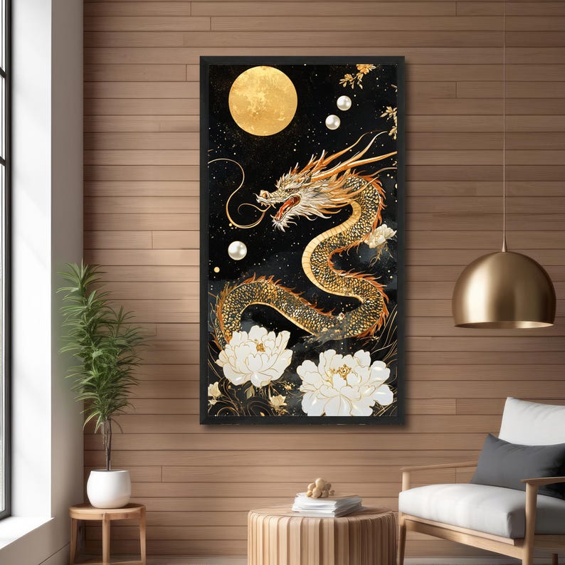Golden Celestial Dragon Wall Art – Luxury Asian Canvas - Mythical ...