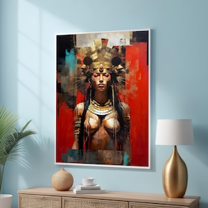Chantico aztekisk gudinna i guldhuvudbonad - kraftfull tribal krigarkonst - röd och guld canvasväggdekoration - mesoamerikansk mytologiinspirerad