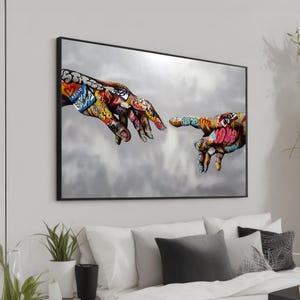 Graffiti Hands Art – Creation of Adam Reimagined in Urban Street Style – Gedurfd modern muurdecor voor kunstliefhebbers – Kleurrijke canvasafdruk