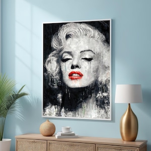 Abstract Marilyn Monroe Pop Art Canvas - Bold Red Lips with Monochromatic Melting Effect - Modern Glamour Wall Decor - Black and White Art