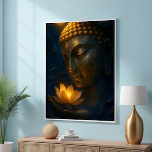 Golden Buddha with Lotus Canvas Art Print – Enlightenment Wall Decor – Golden Spiritual Printing – Sacred Zen Decor for Meditation Space