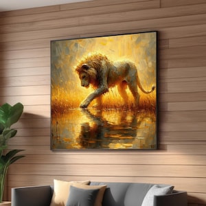 Impression de peinture lion doré - oeuvre d&#39;art murale animalière majestueuse - Lion impressionniste au bord de l&#39;eau - décoration safari audacieuse - oeuvre d&#39;art nature lion céleste