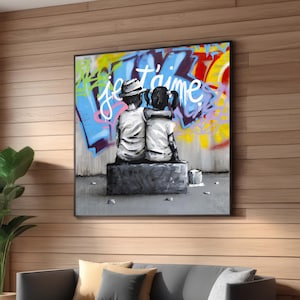 Je t&#39;aime Street Art Canvas - Urban Wall Decor - Graffiti-Inspired Romantic Art - Black and White Children with Colorful Graffiti Backdrop