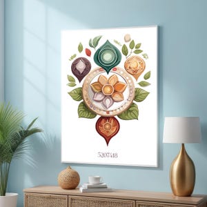 May include: A white canvas print with a colorful mandala design featuring a flower with six petals, surrounded by a circle of smaller flowers and leaves. The number 5207418 is printed at the bottom of the canvas.