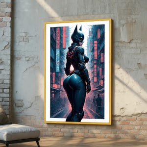 Cyberpunk Female Superhero Canvas – Futuristic Vigilante in Black Suit with Red Neon Bat Symbol - Comic Style Strong Female Wall Art Print