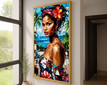 Tropical Woman Portrait Canvas Wall Art – Vibrant Island Painting Print - Exotic Beach Decor - Colorful Modern Impressionist Style Wall Art