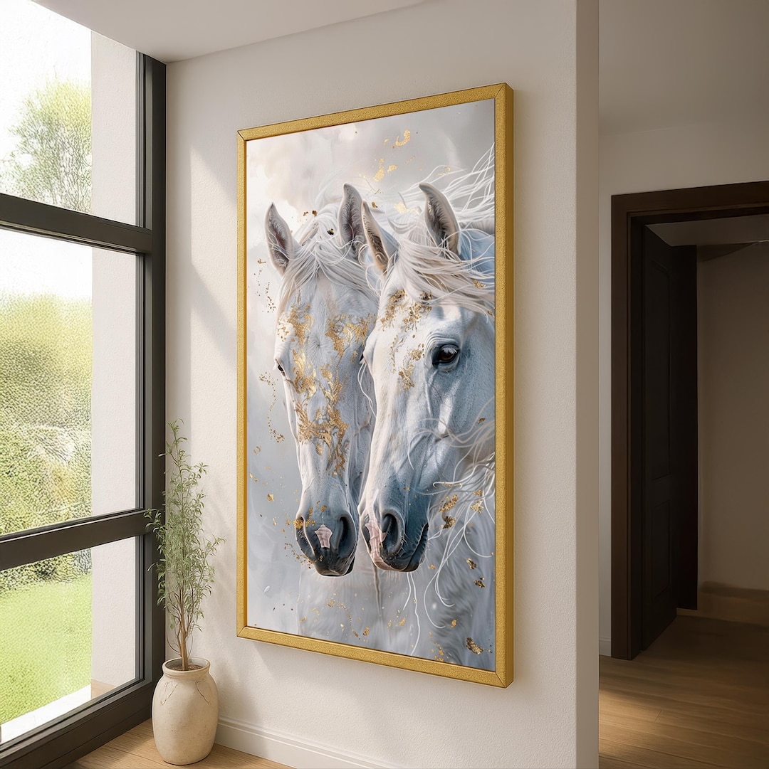 Two White Horses Canvas Wall Art - Romantic Horse Portrait Print - Gold ...