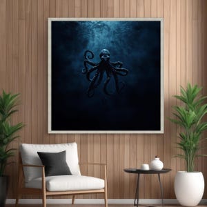 May include: A framed art print featuring a dark blue octopus in a deep sea setting. The octopus has multiple tentacles and is set against a dark, moody background. The artwork is displayed in a living room setting.