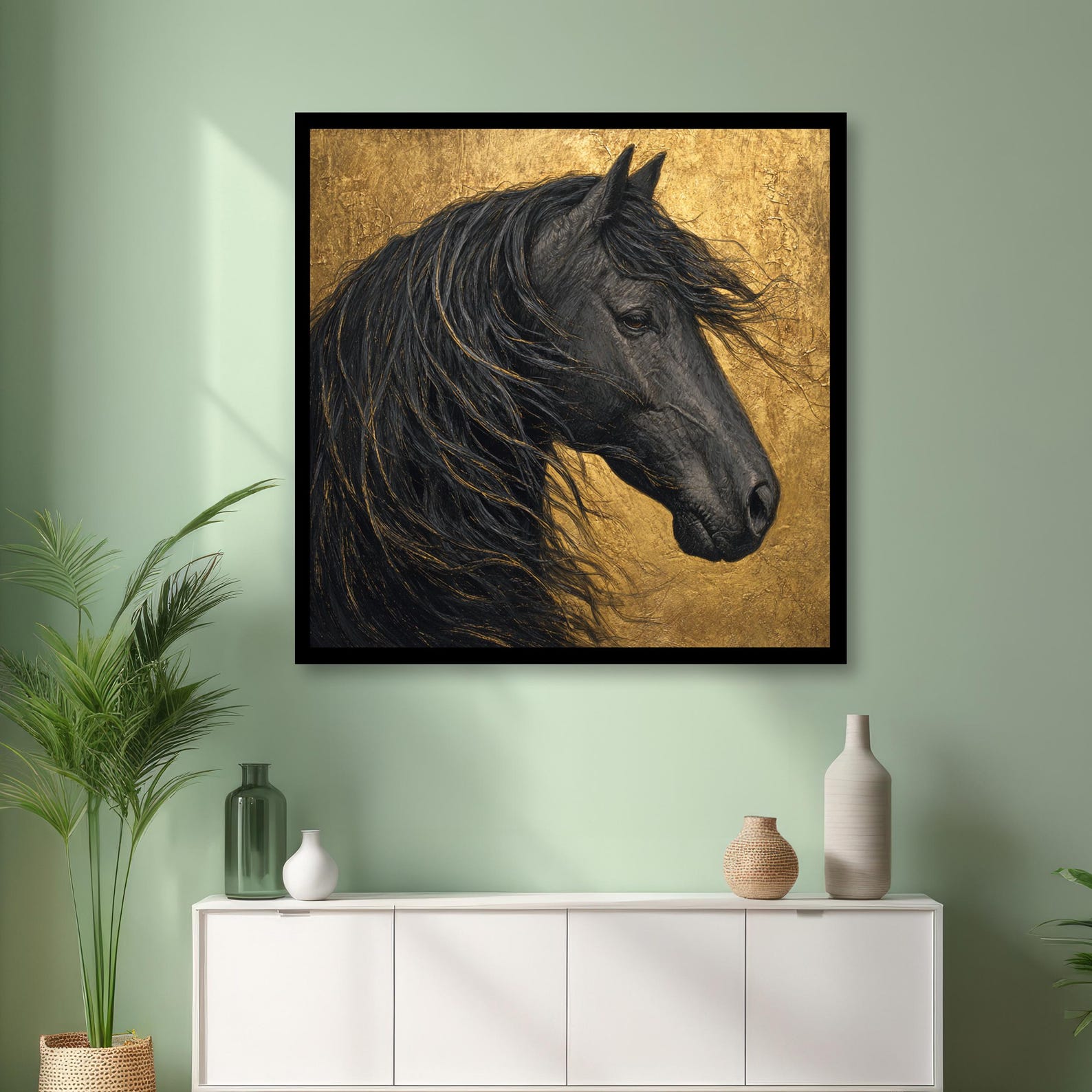 Black Horse Canvas Wall Art - Luxury Horse Portrait With Gold ...