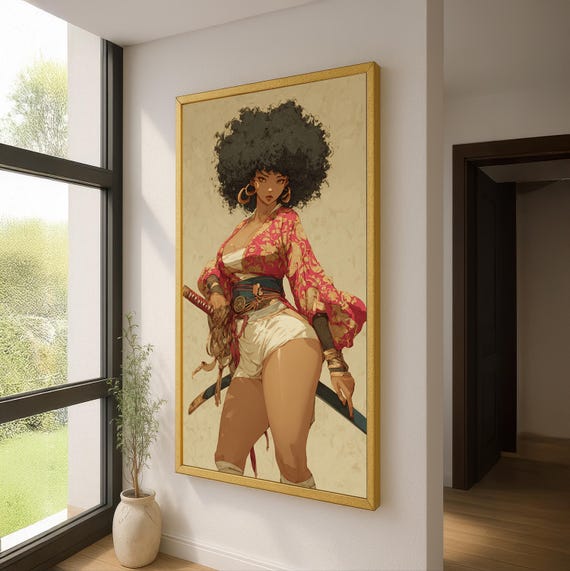 Afro Samurai Woman Canvas Wall Art - Anime Black Woman Illustration - Floral Kimono Female Warrior Art - Modern Art Print