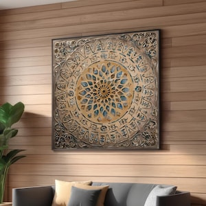 Intricate Mandala Wall Art Print – Ornamental Metallic Design with Blue Accents – Decorative Canvas for Modern and Traditional Home Decor