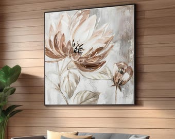 Neutral Beige Floral Canvas Print - Modern Abstract Flower Art - Minimalist Earth Tone Wall Art - Large Cream and Brown Botanical Printing