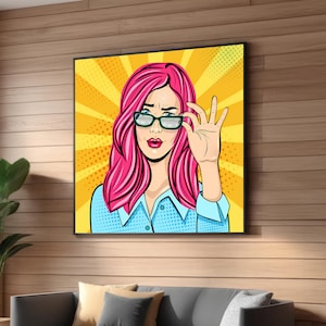 Pop Art Comic Woman Illustration Canvas - Retro Style Wall Art - Vibrant Pink Hair Girl with Glasses - Vintage Comic Book Aesthetic Print
