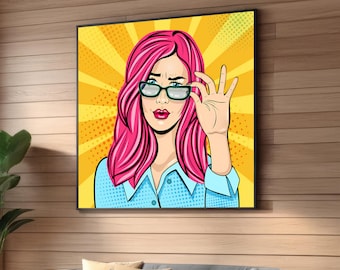 Lienzo con ilustración de mujer estilo cómic pop art - Arte de pared estilo retro - Chica con cabello rosa vibrante y gafas - Impresión con estética de cómic vintage