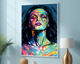 Buntes abstraktes weibliches Porträt Leinwandkunst - lebendiger expressionistischer Kunstdruck - mutige emotionale Wanddekoration für moderne und kreative Räume