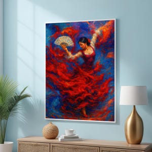 Flamenco Tänzerin Leinwanddruck - Leidenschaftlicher Spanischer Tanz Wandkunst - Rotes Kleid Ölgemälde Stil - Buntes Wohndekor für Kunstliebhaber