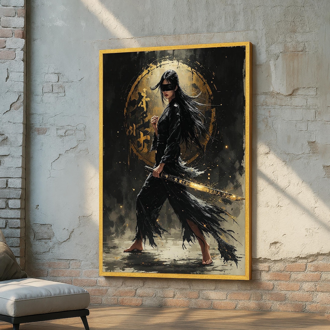 Blindfolded Warrior Woman Canvas – Dark Samurai Wall Art - Gold Katana ...