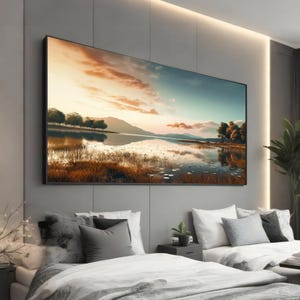 Serene Lake Sunset Canvas Art - Tranquil Nature Landscape Painting - Reflective Mountain and Water Scene - Peaceful Wall Art for Calm Spaces